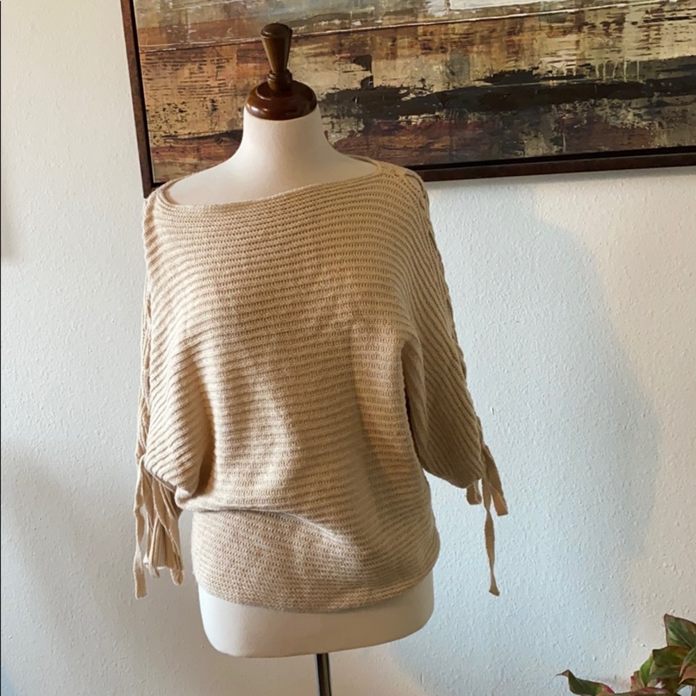 Beige Knit Sweater Laced Open Shoulder 3/4 sleeve